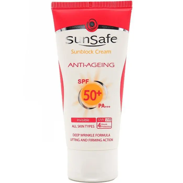 کرم ضد آفتاب و ضد چروک سان سیف بی رنگ مناسب انواع پوست SPF50